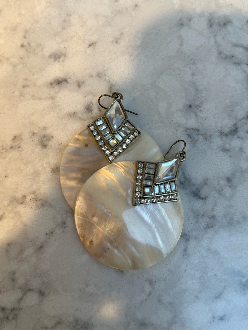 Pearlescent Shell Disc Drop Earrings with Crystal Accents